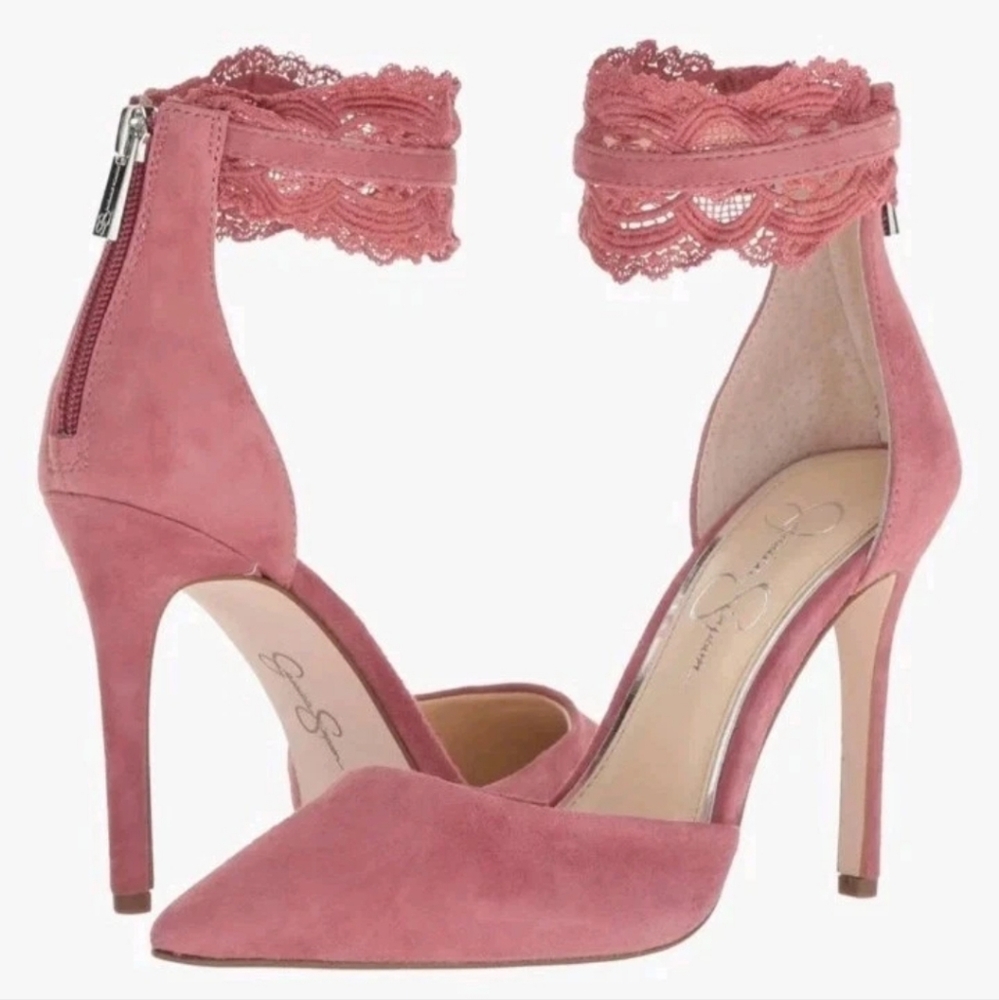 Jessica Simpson Pink Lace Ankle Strap Pointed-Toe Heels